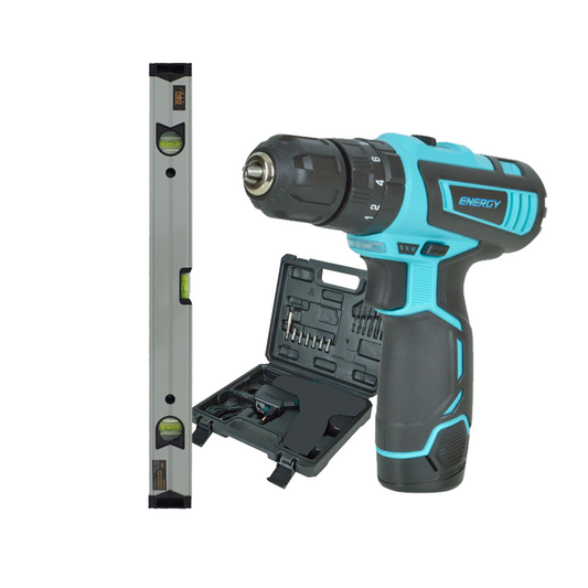 Combo Kit de Taladro Percutor Recargable 12V 10MM DD110/1/12k y Nivel de burbuja 61CM NBA-9060